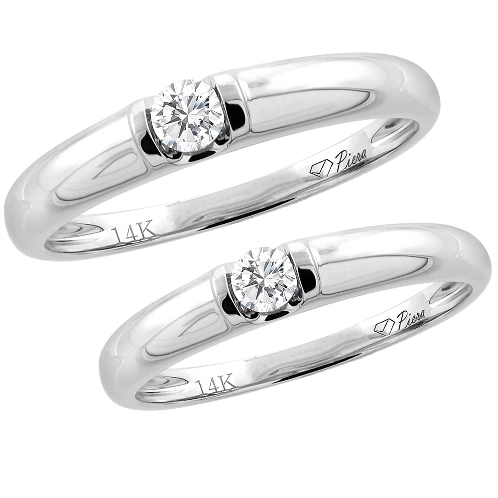 14K WHITE GOLD 2-PC DIAMOND WEDDING RING SET 3.5 MM HIS & 3 MM HERS, L 5-10, M 8-14 SIZES 5 - 10