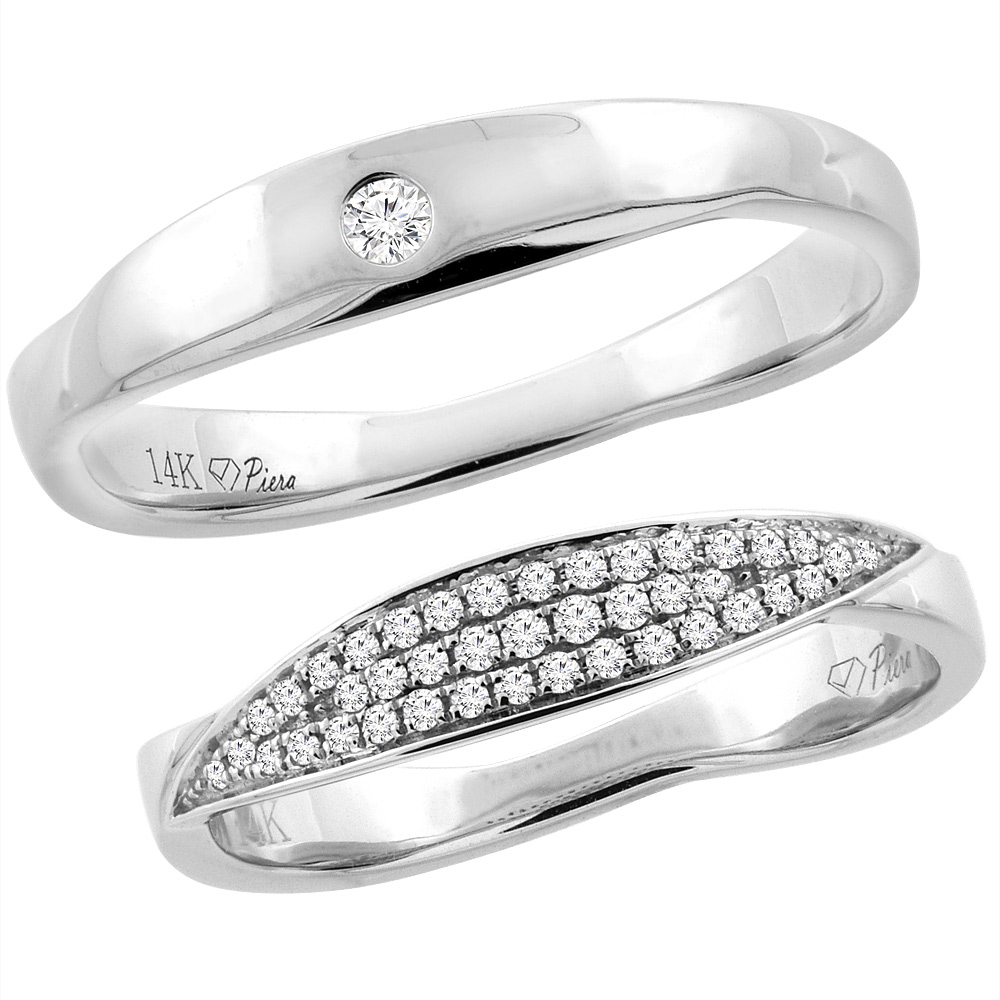 14K WHITE GOLD 2-PC DIAMOND WEDDING RING SET 4 MM HIS & HERS, L 5-10, M 8-14 SIZES 5 - 10