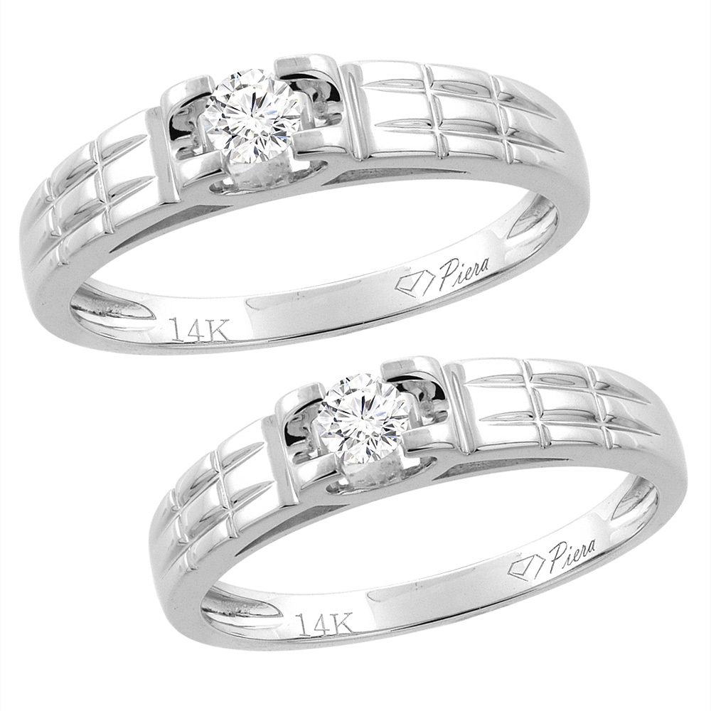 14K WHITE GOLD 2-PC DIAMOND WEDDING RING SET 4 MM HIS & 3 MM HERS, L 5-10, M 8-14 SIZES 5 - 10