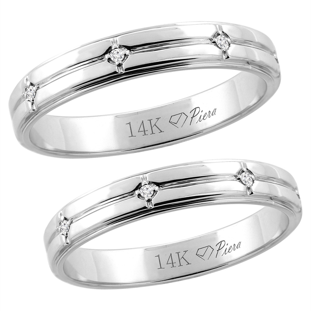 14K White Gold 2-pc Diamond Wedding Ring Set 4 mm His & 3 mm Hers, L 5-10, M 8-14