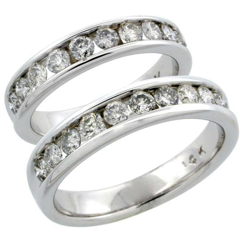 14k White Gold 2-Piece His (5mm) &amp; Hers (4.5mm) Diamond Wedding Ring Band Set w/ 1.48 Carat Brilliant Cut Diamonds; (Ladies Size 5 to10; Men&#039;s Size 8 to 12.5)