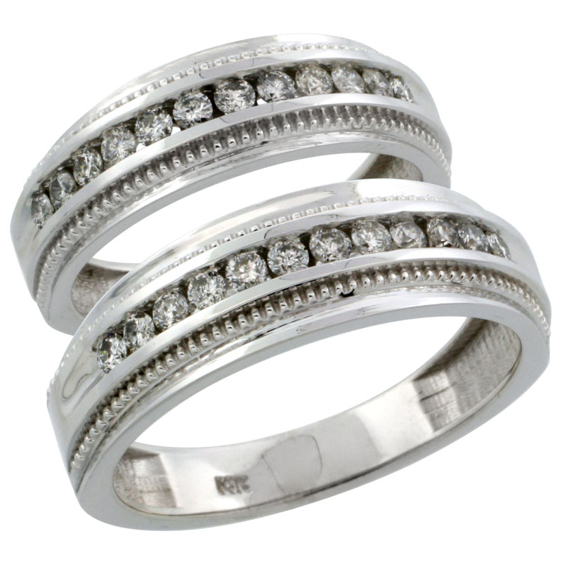 14k White Gold 2-Piece His (7mm) &amp; Hers (6mm) Milgrain Design Diamond Wedding Ring Band Set w/ 0.62 Carat Brilliant Cut Diamonds; (Ladies Size 5 to10; Men&#039;s Size 8 to 12.5)