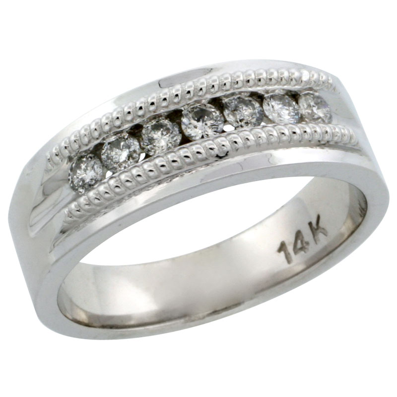 14k White Gold 7-Stone Milgrain Design Ladies&#039; Diamond Ring Band w/ 0.22 Carat Brilliant Cut Diamonds, 1/4 in. (6.5mm) wide