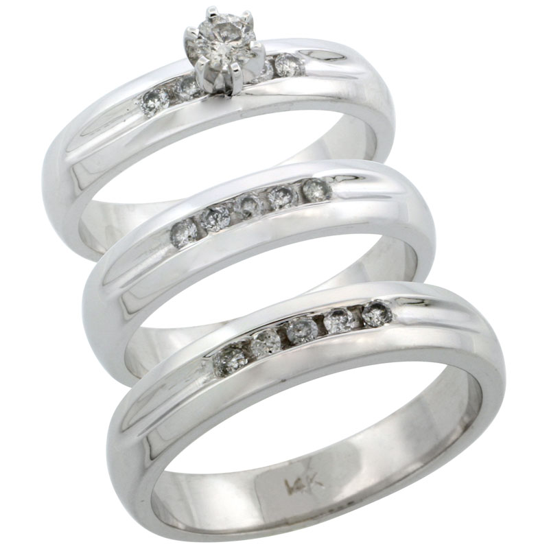14k White Gold 3-Piece Trio His (4.5mm) & Hers (4.5mm) Diamond Wedding Ring Band Set w/ 0.45 Carat Brilliant Cut Diamonds; (Ladies Size 5 to10; Men's Size 8 to 14)