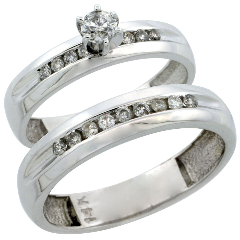 14k White Gold 2-Piece Diamond Ring Band Set w/ Rhodium Accent ( Engagement Ring &amp; Man&#039;s Wedding Band ), w/ 0.42 Carat Brilliant Cut Diamonds, ( 4mm; 5mm ) wide