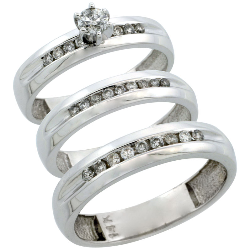 14k White Gold 3-Piece Trio His (5mm) &amp; Hers (4mm) Diamond Wedding Ring Band Set w/ 0.53 Carat Brilliant Cut Diamonds; (Ladies Size 5 to10; Men&#039;s Size 8 to 14)