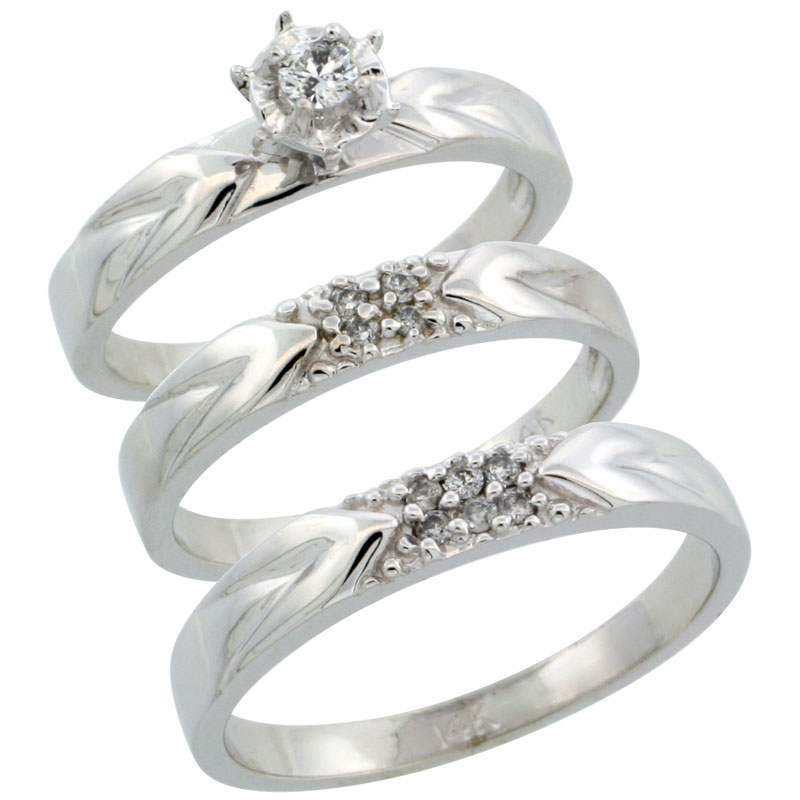 14k White Gold 3-Piece Trio His (3.5mm) &amp; Hers (3.5mm) Diamond Wedding Ring Band Set w/ 0.17 Carat Brilliant Cut Diamonds; (Ladies Size 5 to10; Men&#039;s Size 8 to 14)