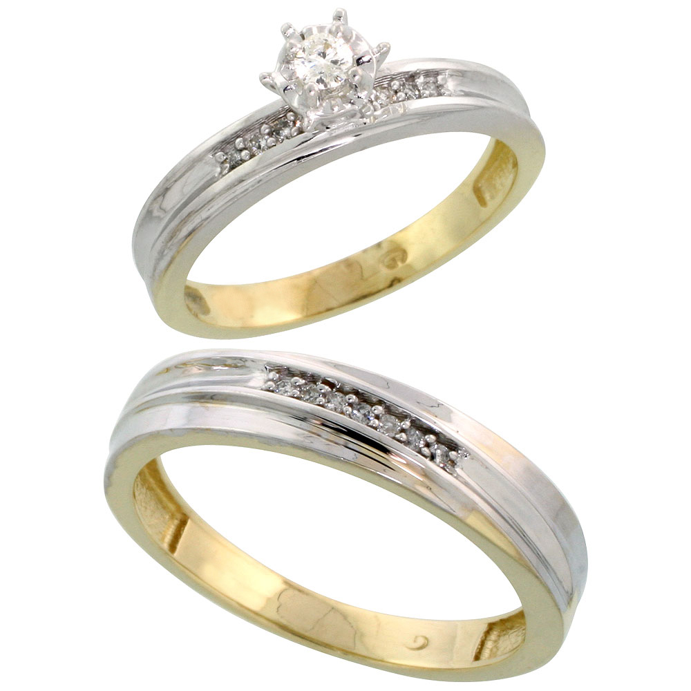 14k Gold 2-Piece Diamond Ring Set w/ Rhodium Accent ( Engagement Ring &amp; Man&#039;s Wedding Band ), w/ 0.21 Carat Brilliant Cut Diamonds, ( 3.5mm; 5mm ) wide