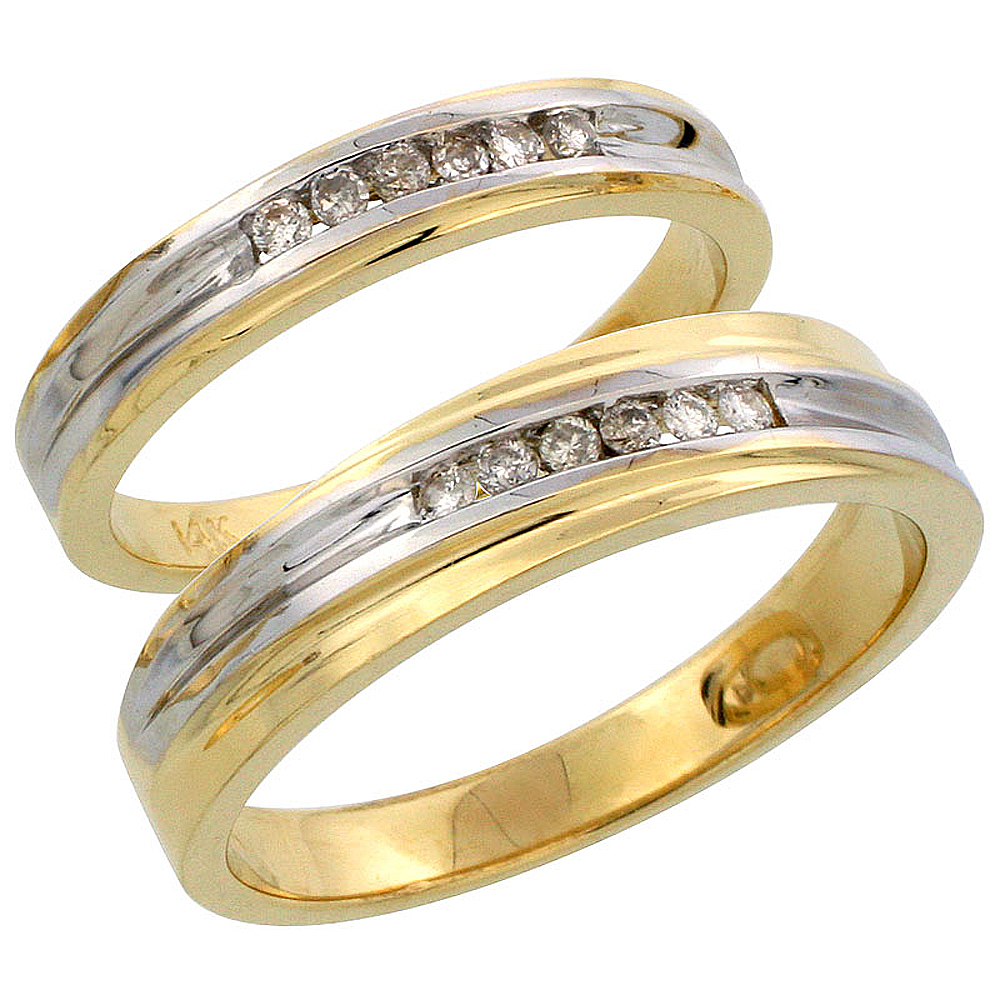 14k Gold 2-Piece His (5mm) &amp; Hers (3.5mm) Diamond Wedding Band Set w/ Rhodium Accent, w/ 0.18 Carat Brilliant Cut Diamonds; (Ladies Size 5 to10; Men&#039;s Size 8 to 14)