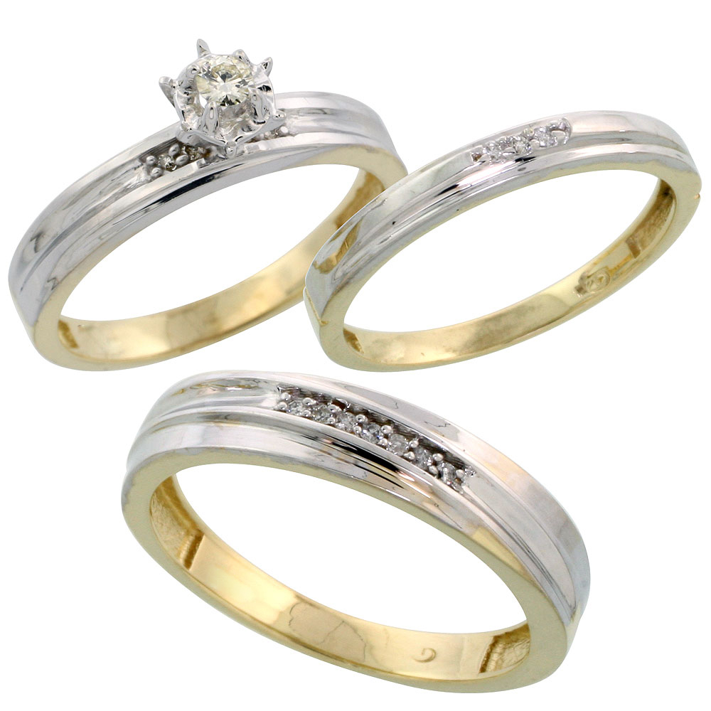 14k Gold 3-Piece Trio His (5mm) & Hers (3.5mm) Diamond Wedding Band Set w/ Rhodium Accent, w/ 0.30 Carat Brilliant Cut Diamonds; (Ladies Size 5 to10; Men's Size 8 to 14)