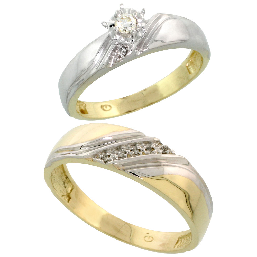 14k Gold 2-Piece Diamond Ring Set w/ Rhodium Accent ( Engagement Ring &amp; Man&#039;s Wedding Band ), w/ 0.18 Carat Brilliant Cut Diamonds, ( 5mm; 7mm ) wide