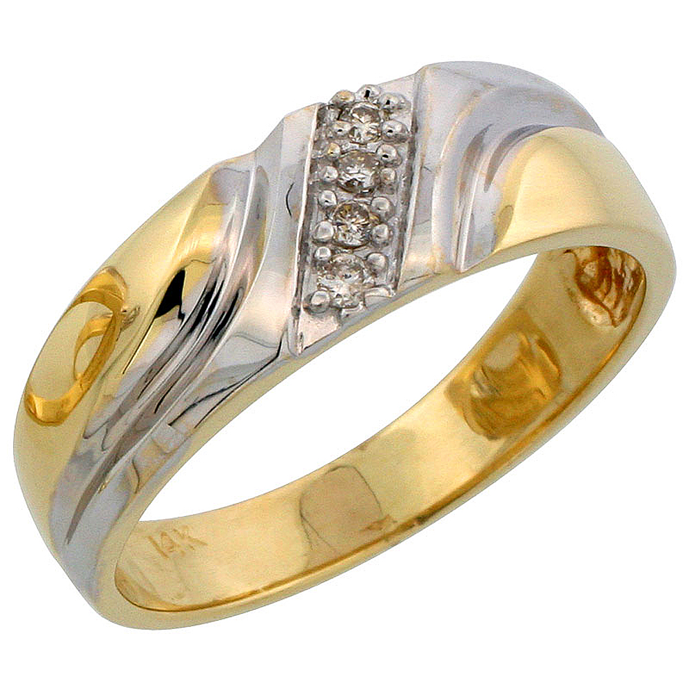 14k Gold Men&#039;s Diamond Band w/ Rhodium Accent, w/ 0.08 Carat Brilliant Cut Diamonds, 1/4 in. (7mm) wide