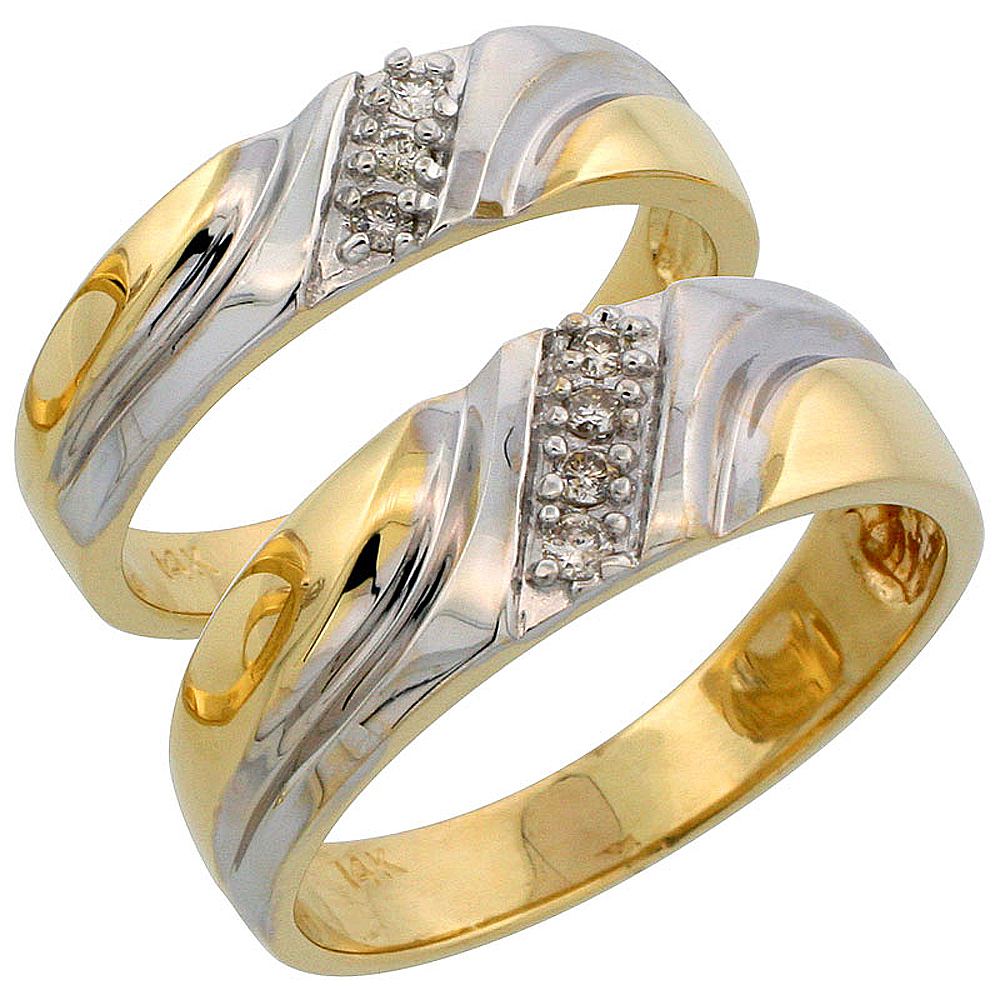 14k Gold 2-Piece His (7mm) &amp; Hers (5mm) Diamond Wedding Band Set w/ Rhodium Accent, w/ 0.14 Carat Brilliant Cut Diamonds; (Ladies Size 5 to10; Men&#039;s Size 8 to 14)