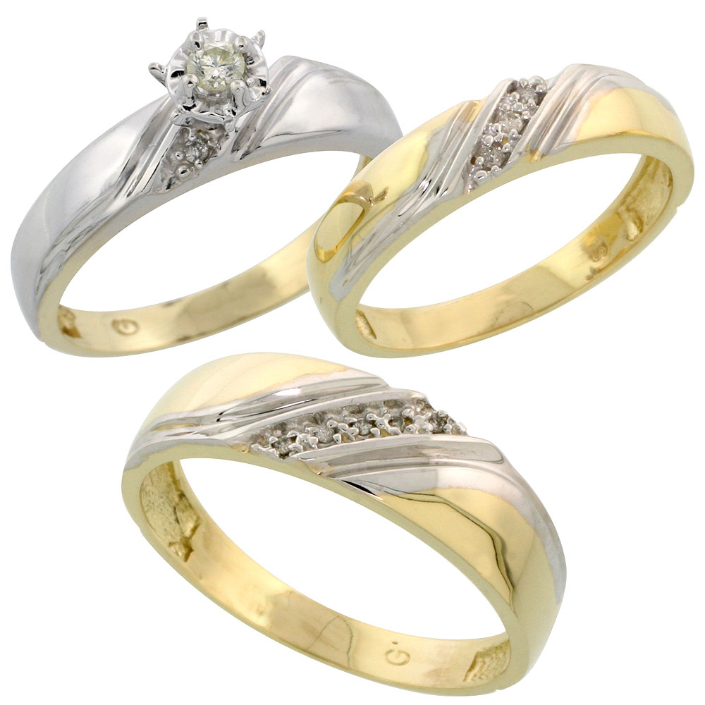 14k Gold 3-Piece Trio His (7mm) &amp; Hers (5mm) Diamond Wedding Band Set w/ Rhodium Accent, w/ 0.24 Carat Brilliant Cut Diamonds; (Ladies Size 5 to10; Men&#039;s Size 8 to 14)