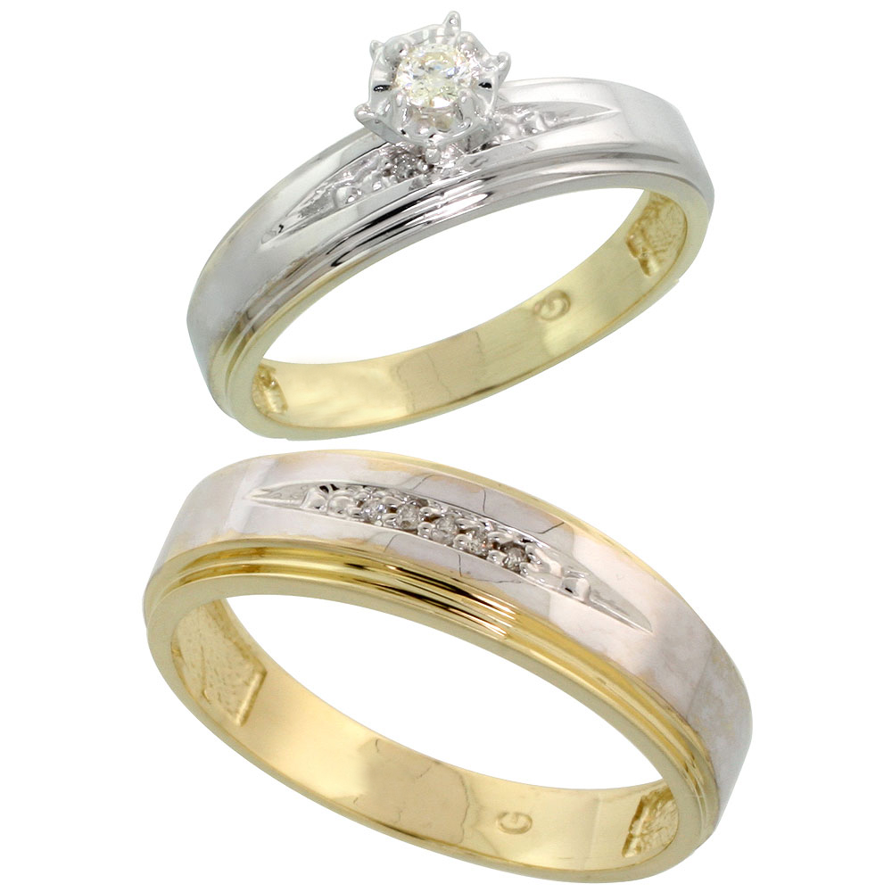 14k Gold 2-Piece Diamond Ring Set w/ Rhodium Accent ( Engagement Ring &amp; Man&#039;s Wedding Band ), w/ 0.20 Carat Brilliant Cut Diamonds, ( 5mm; 7mm ) wide
