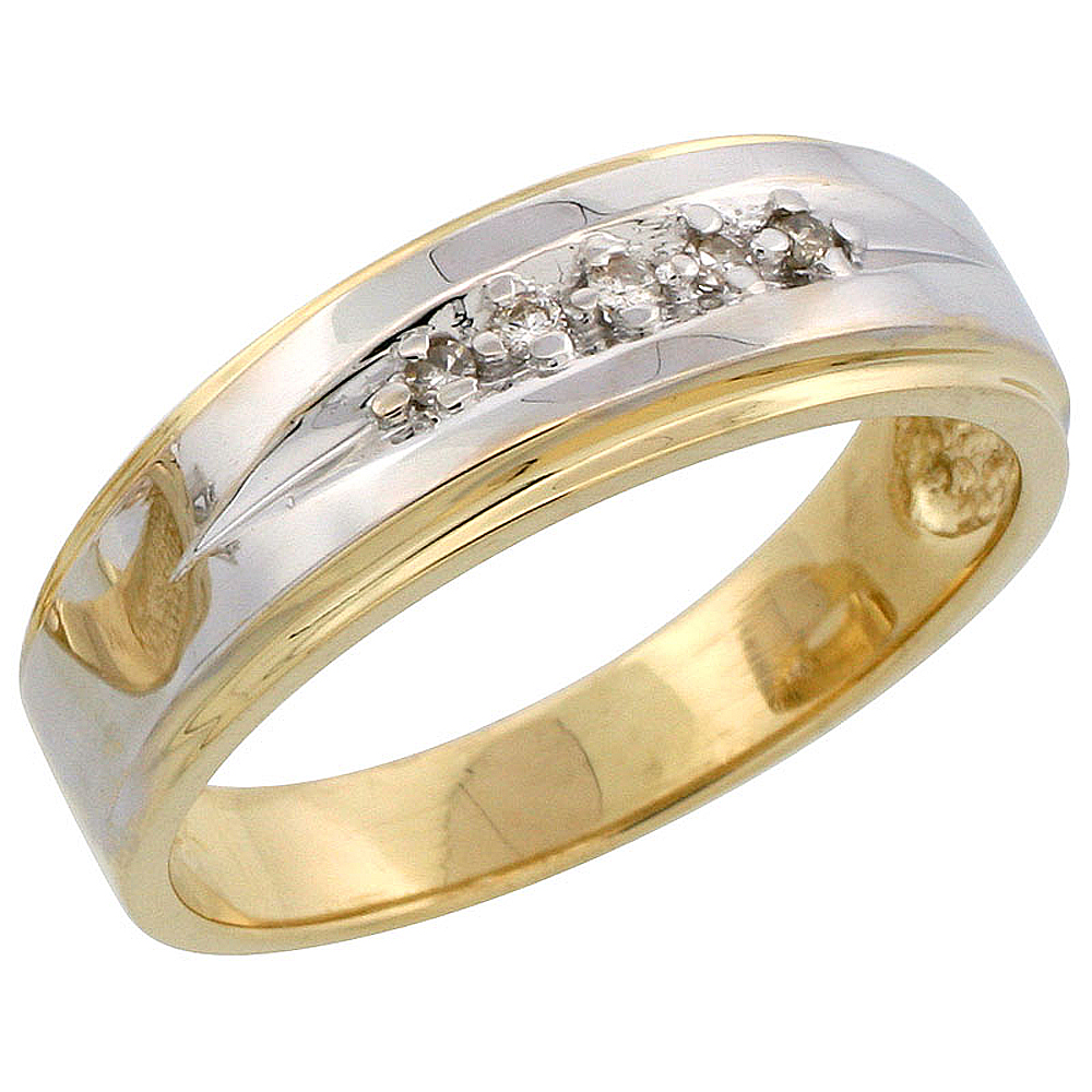 14k Gold Men&#039;s Diamond Band w/ Rhodium Accent, w/ 0.08 Carat Brilliant Cut Diamonds, 1/4 in. (7mm) wide