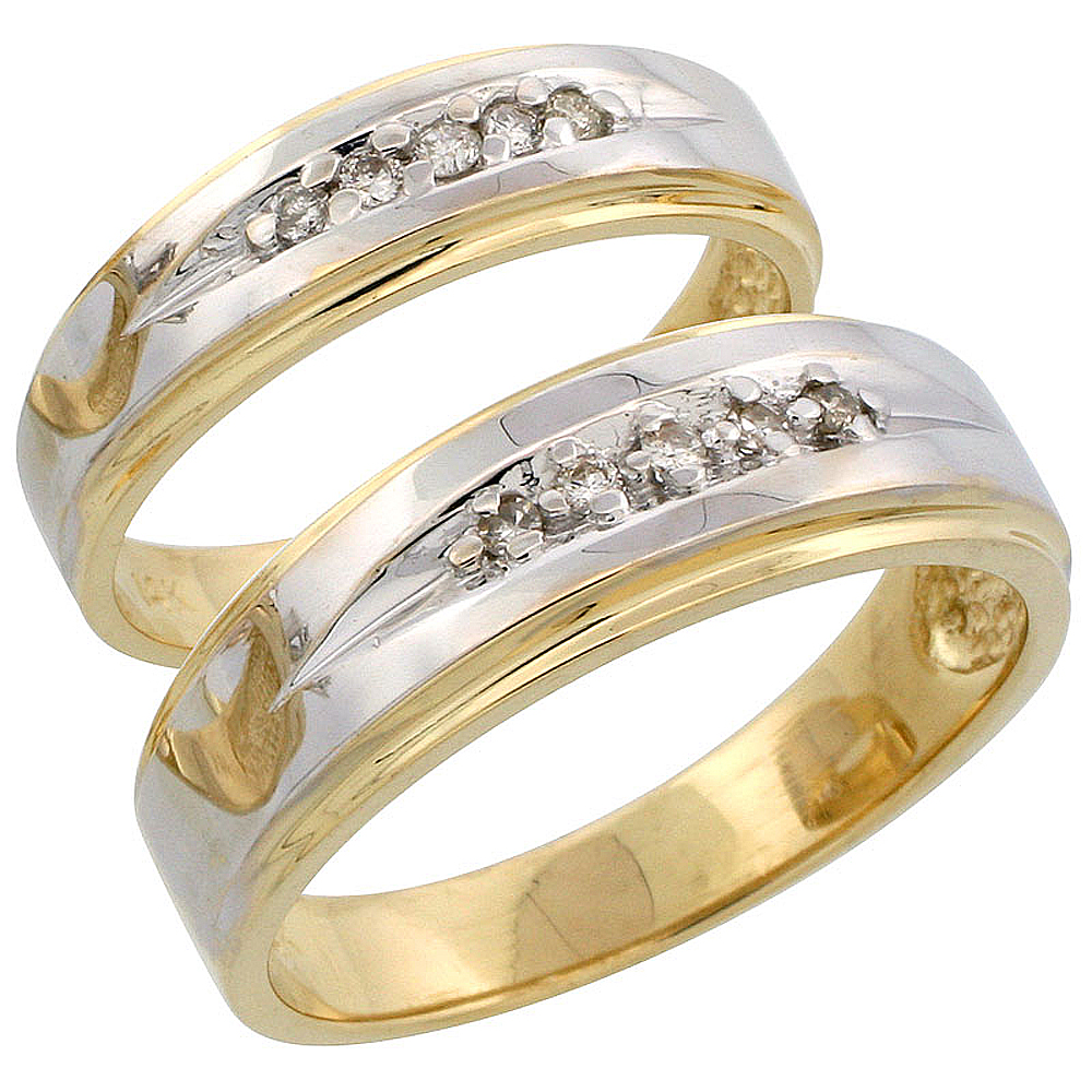 14k Gold 2-Piece His (7mm) &amp; Hers (5mm) Diamond Wedding Band Set w/ Rhodium Accent, w/ 0.16 Carat Brilliant Cut Diamonds; (Ladies Size 5 to10; Men&#039;s Size 8 to 14)