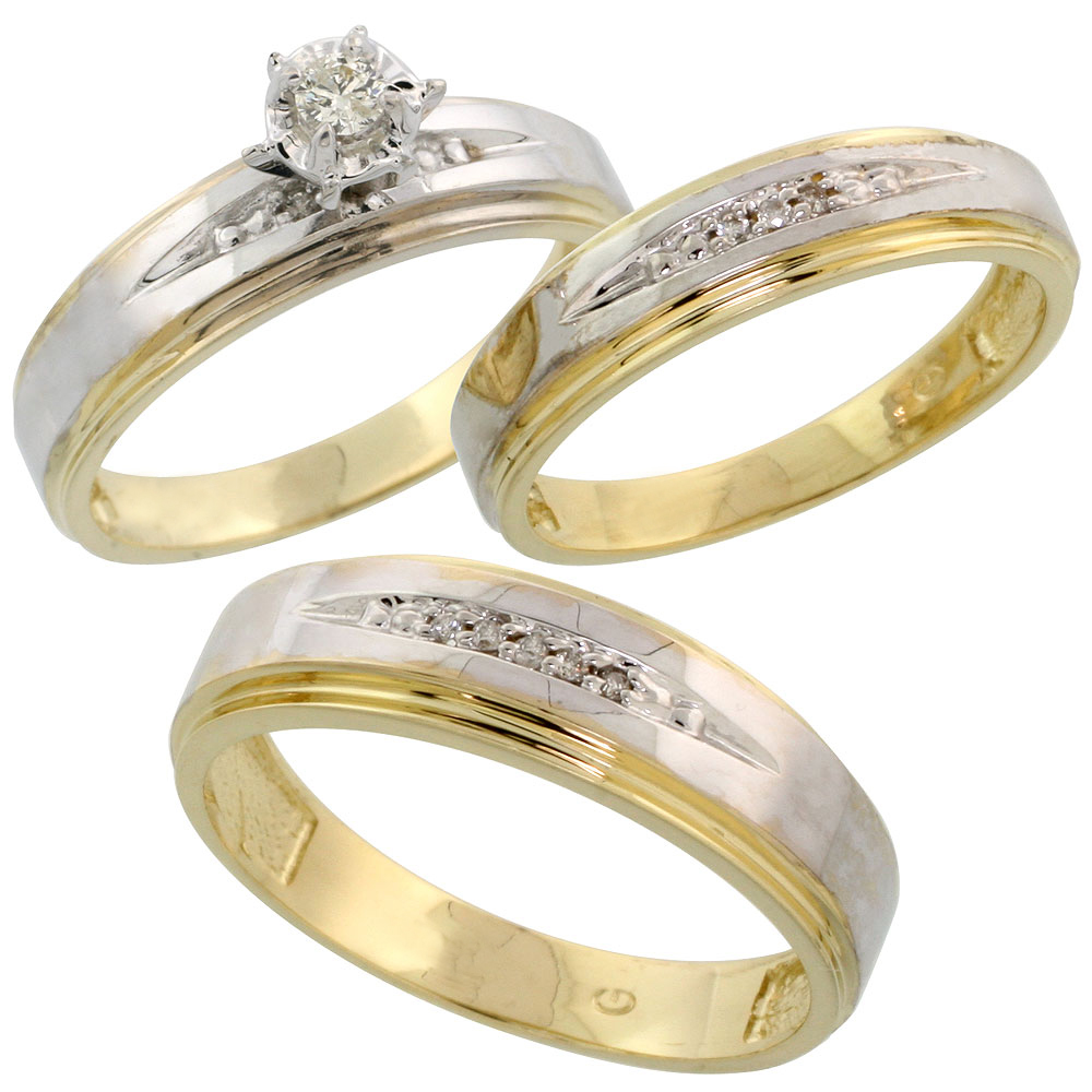 14k Gold 3-Piece Trio His (7mm) & Hers (5mm) Diamond Wedding Band Set w/ Rhodium Accent, w/ 0.28 Carat Brilliant Cut Diamonds; (Ladies Size 5 to10; Men's Size 8 to 14)