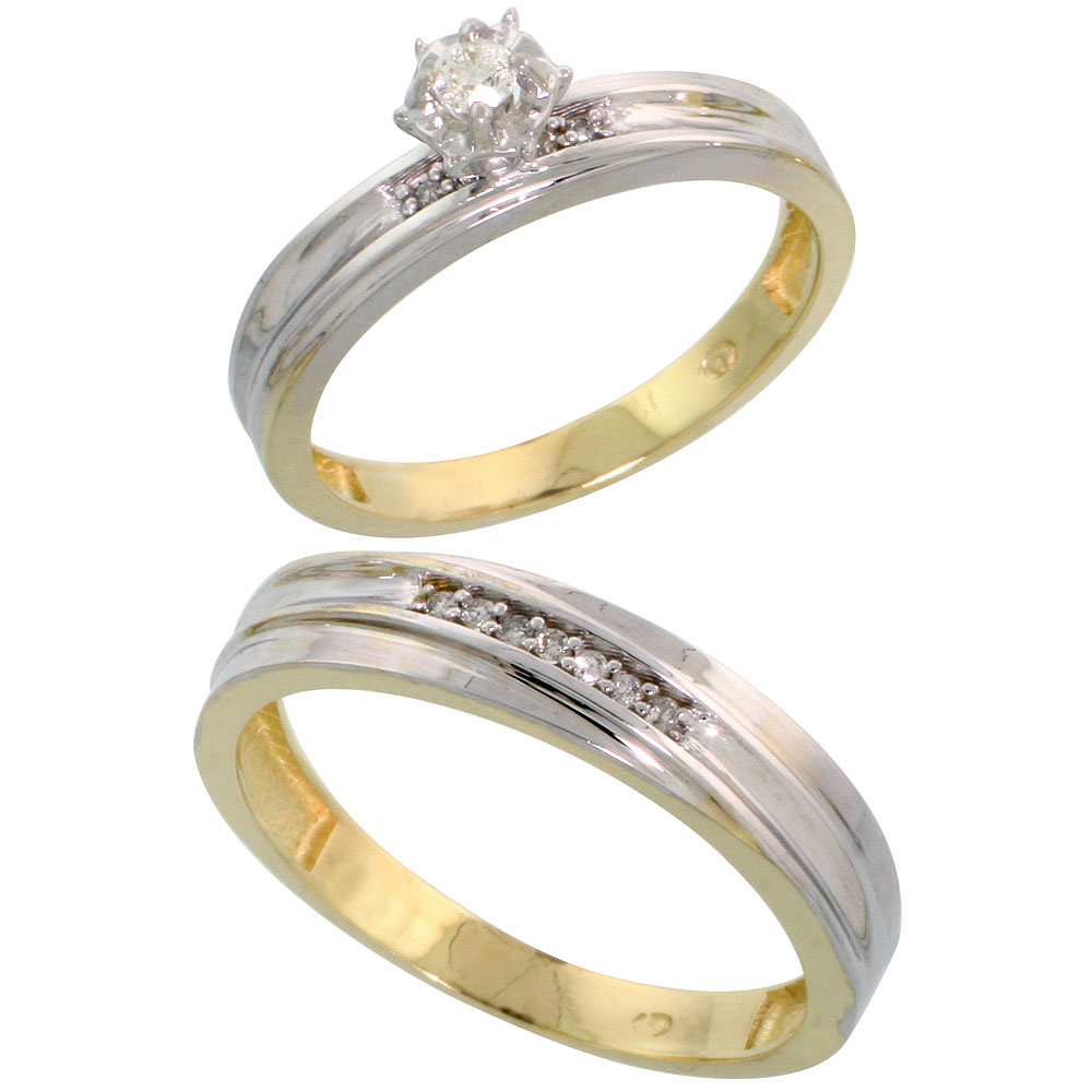 14k Gold 2-Piece Diamond Ring Set w/ Rhodium Accent ( Engagement Ring &amp; Man&#039;s Wedding Band ), w/ 0.32 Carat Brilliant Cut Diamonds, ( 3.5mm; 5mm ) wide