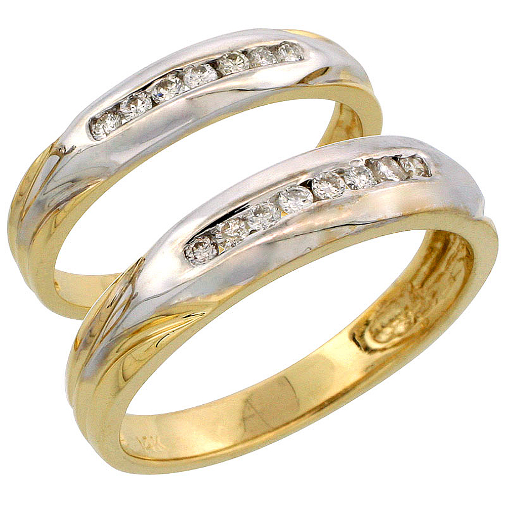 14k Gold 2-Piece His (5mm) &amp; Hers (3.5mm) Diamond Wedding Band Set w/ Rhodium Accent, w/ 0.28 Carat Brilliant Cut Diamonds; (Ladies Size 5 to10; Men&#039;s Size 8 to 14)