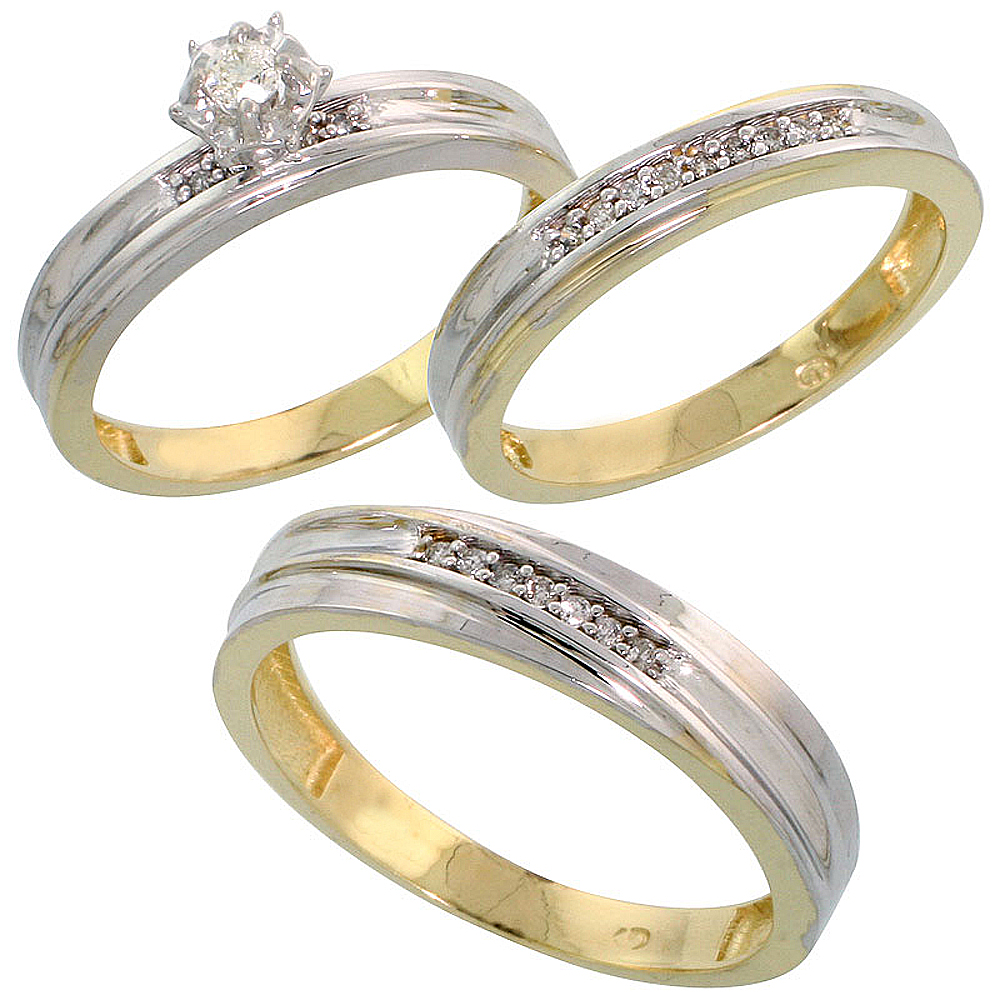 14k Gold 3-Piece Trio His (5mm) &amp; Hers (3.5mm) Diamond Wedding Band Set w/ Rhodium Accent, w/ 0.45 Carat Brilliant Cut Diamonds; (Ladies Size 5 to10; Men&#039;s Size 8 to 14)