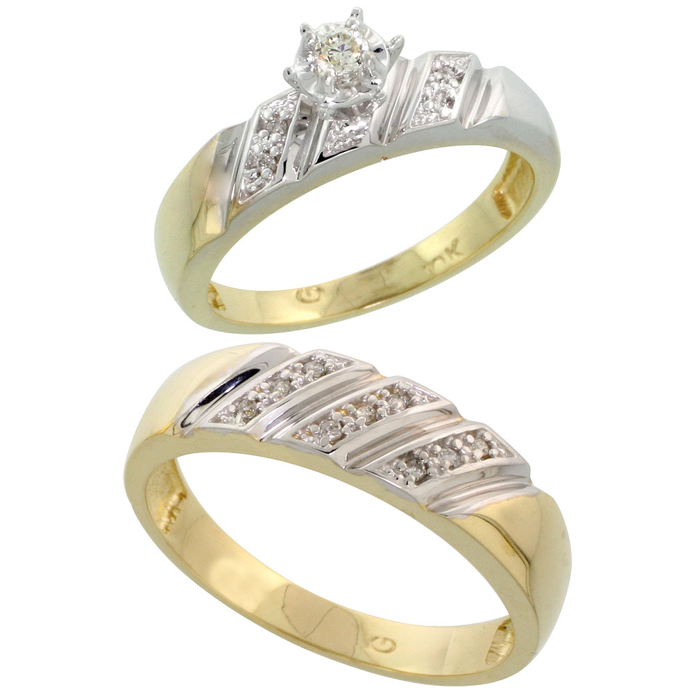 14k Gold 2-Piece Diamond Ring Set w/ Rhodium Accent ( Engagement Ring &amp; Man&#039;s Wedding Band ), w/ 0.32 Carat Brilliant Cut Diamonds, ( 6mm; 7mm ) wide