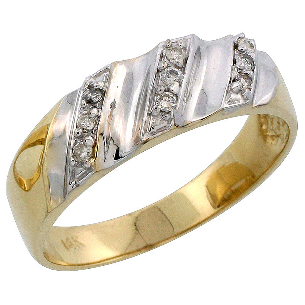 14k Gold Men&#039;s Diamond Band w/ Rhodium Accent, w/ 0.14 Carat Brilliant Cut Diamonds, 9/32 in. (7mm) wide