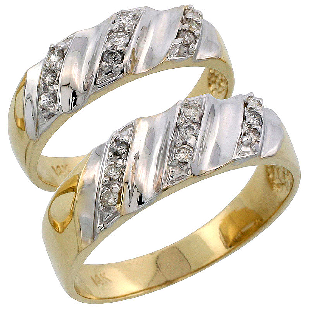 14k Gold 2-Piece His (7mm) &amp; Hers (6mm) Diamond Wedding Band Set w/ Rhodium Accent, w/ 0.28 Carat Brilliant Cut Diamonds; (Ladies Size 5 to10; Men&#039;s Size 8 to 14)