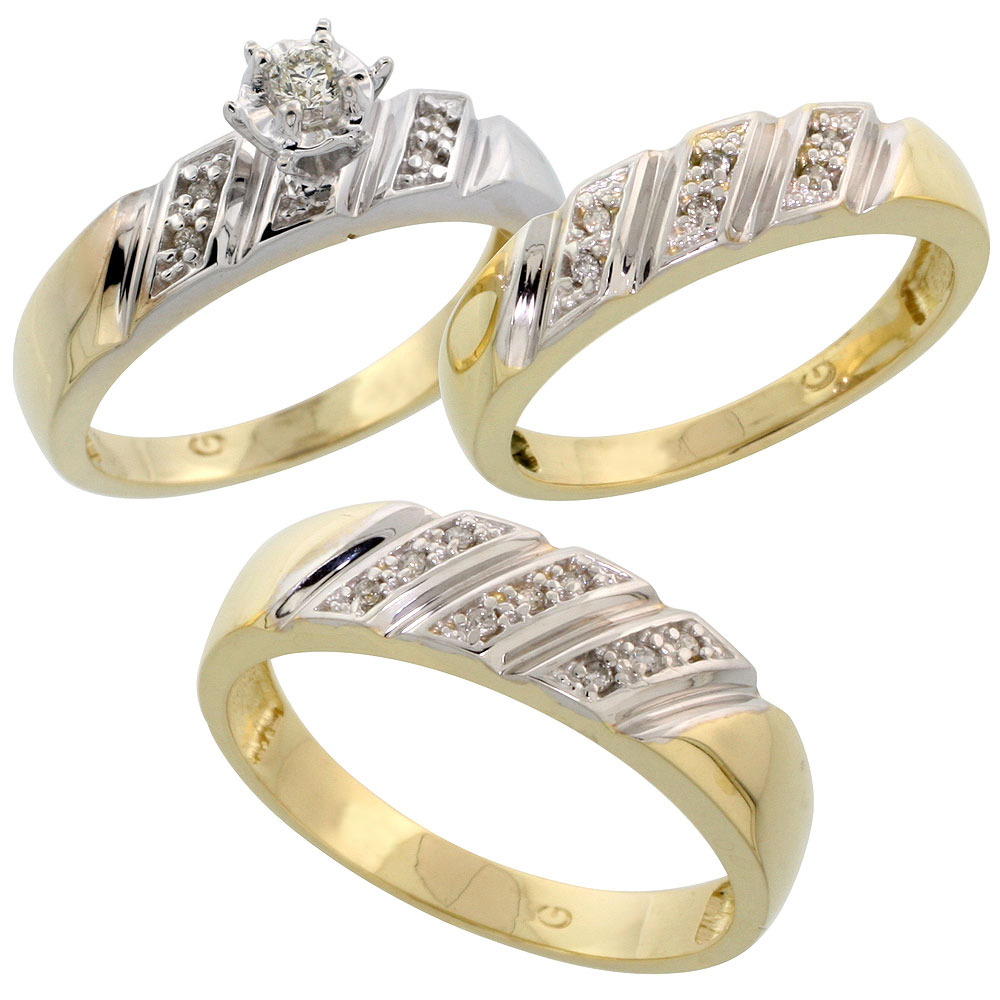 14k Gold 3-Piece Trio His (7mm) & Hers (6mm) Diamond Wedding Band Set w/ Rhodium Accent, w/ 0.46 Carat Brilliant Cut Diamonds; (Ladies Size 5 to10; Men's Size 8 to 14)