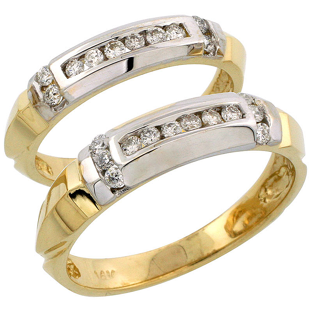 14k Gold 2-Piece His (5mm) & Hers (4mm) Diamond Wedding Band Set w/ Rhodium Accent, w/ 0.42 Carat Brilliant Cut Diamonds; (Ladies Size 5 to10; Men's Size 8 to 14)