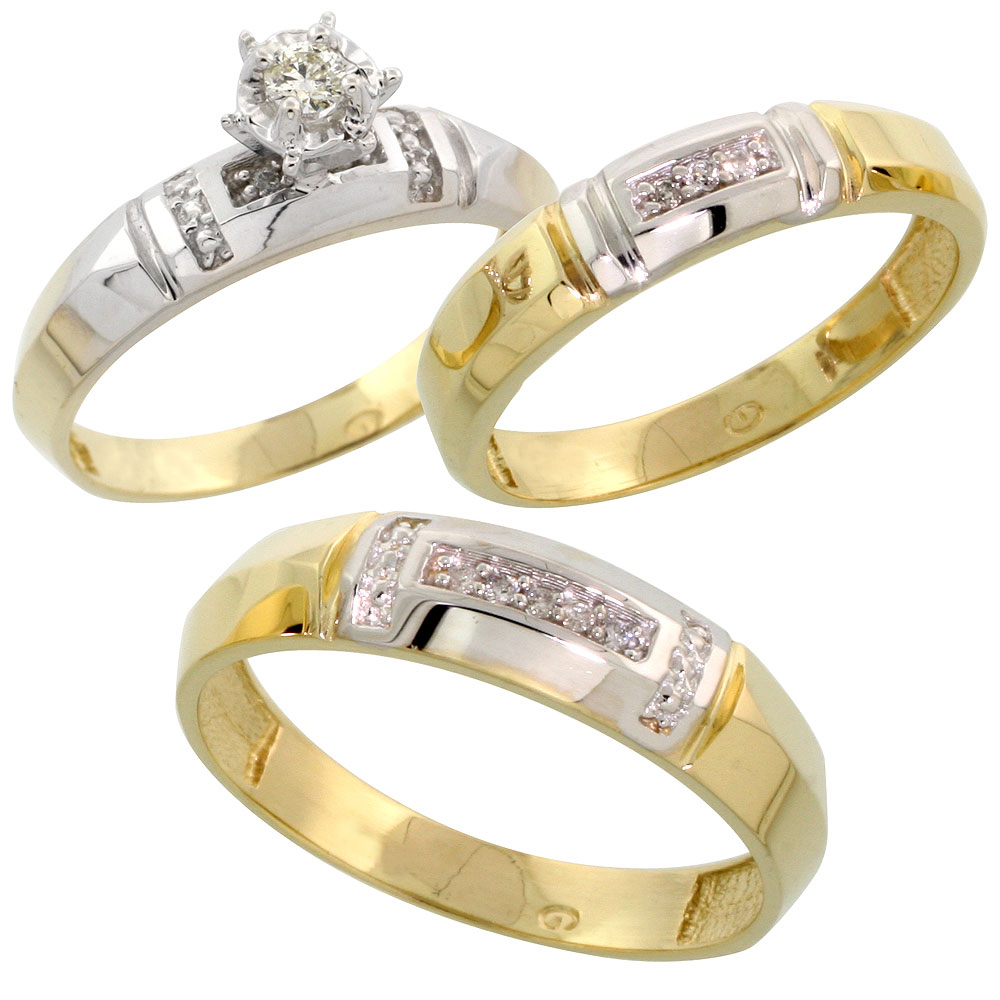 14k Gold 3-Piece Trio His (5mm) &amp; Hers (4mm) Diamond Wedding Band Set w/ Rhodium Accent, w/ 0.63 Carat Brilliant Cut Diamonds; (Ladies Size 5 to10; Men&#039;s Size 8 to 14)