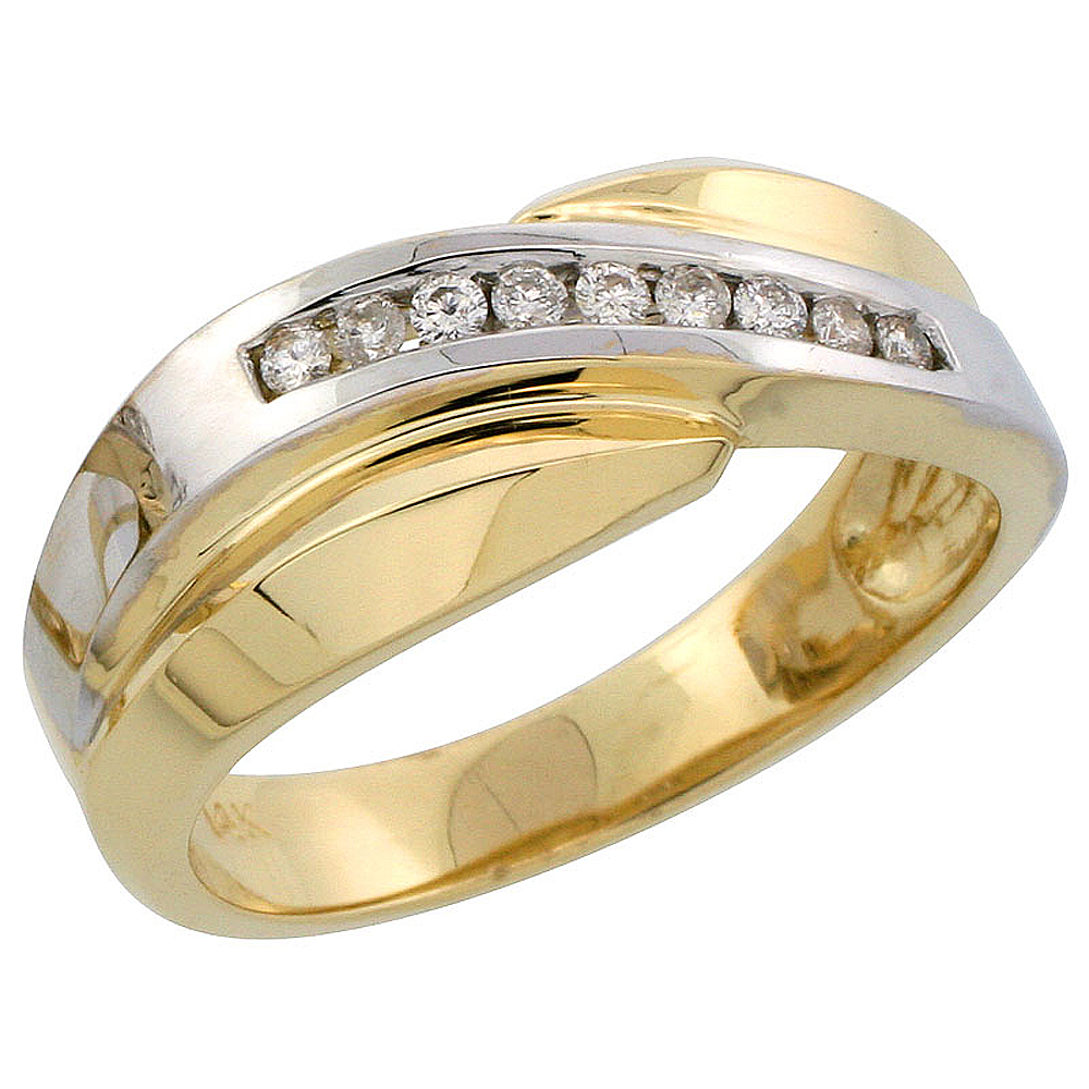 14k Gold Men's Diamond Band w/ Rhodium Accent, w/ 0.16 Carat Brilliant Cut Diamonds, 5/16 in. (8mm) wide