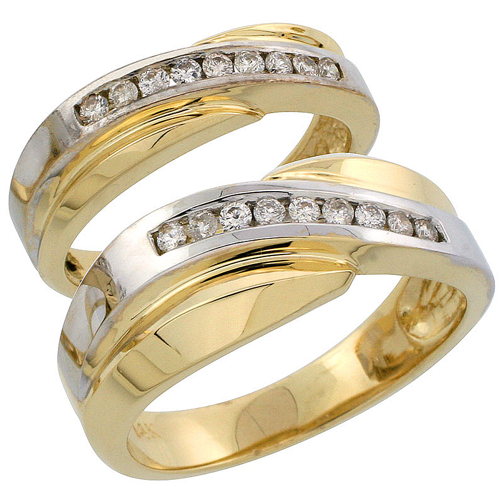 14k Gold 2-Piece His (8mm) &amp; Hers (5mm) Diamond Wedding Band Set w/ Rhodium Accent, w/ 0.32 Carat Brilliant Cut Diamonds; (Ladies Size 5 to10; Men&#039;s Size 8 to 14)
