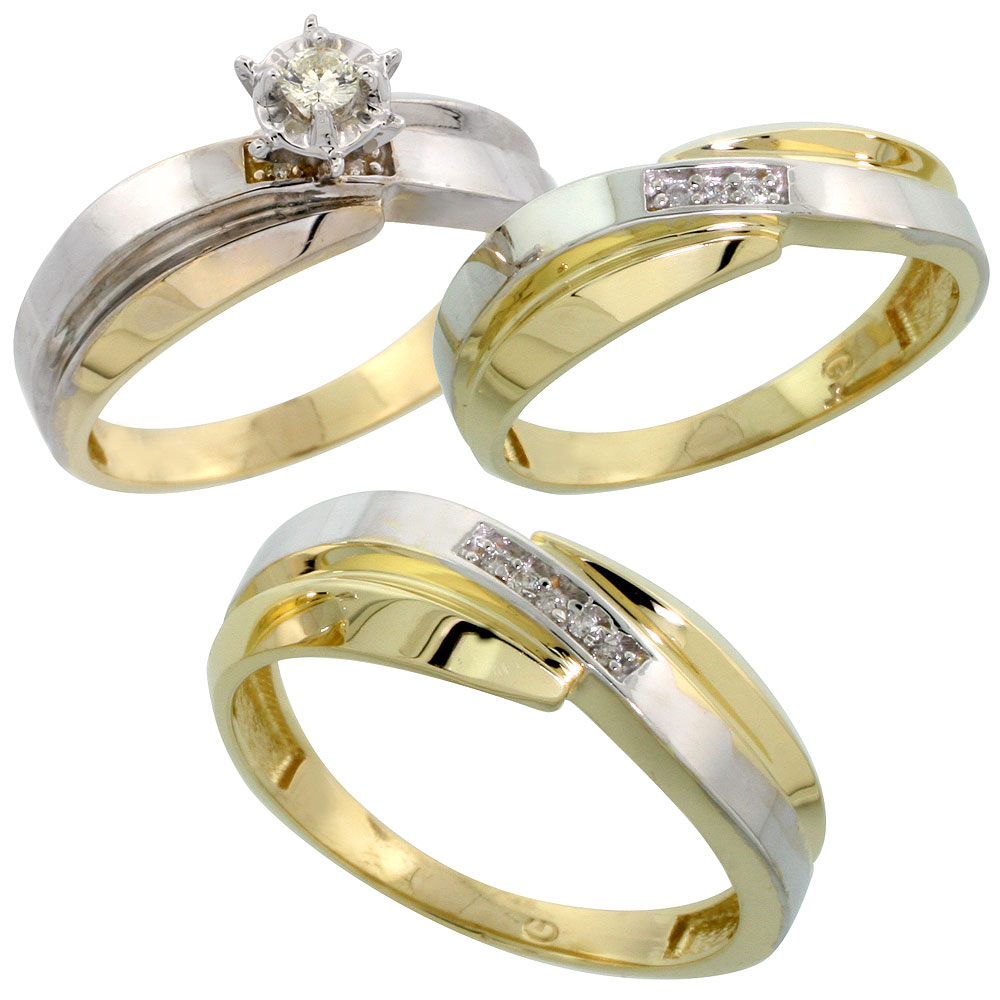 14k Gold 3-Piece Trio His (8mm) & Hers (5mm) Diamond Wedding Band Set w/ Rhodium Accent, w/ 0.52 Carat Brilliant Cut Diamonds; (Ladies Size 5 to10; Men's Size 8 to 14)