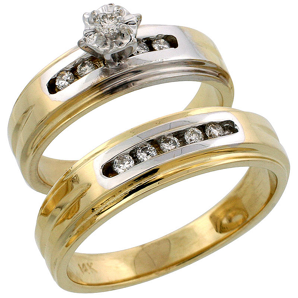 14k Gold 2-Piece Diamond Ring Set w/ Rhodium Accent ( Engagement Ring &amp; Man&#039;s Wedding Band ), w/ 0.23 Carat Brilliant Cut Diamonds, ( 6mm; 6mm ) wide