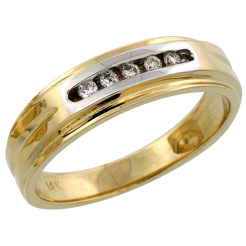 14k Gold Men's Diamond Band w/ Rhodium Accent, w/ 0.10 Carat Brilliant Cut Diamonds, 1/4 in. (6mm) wide