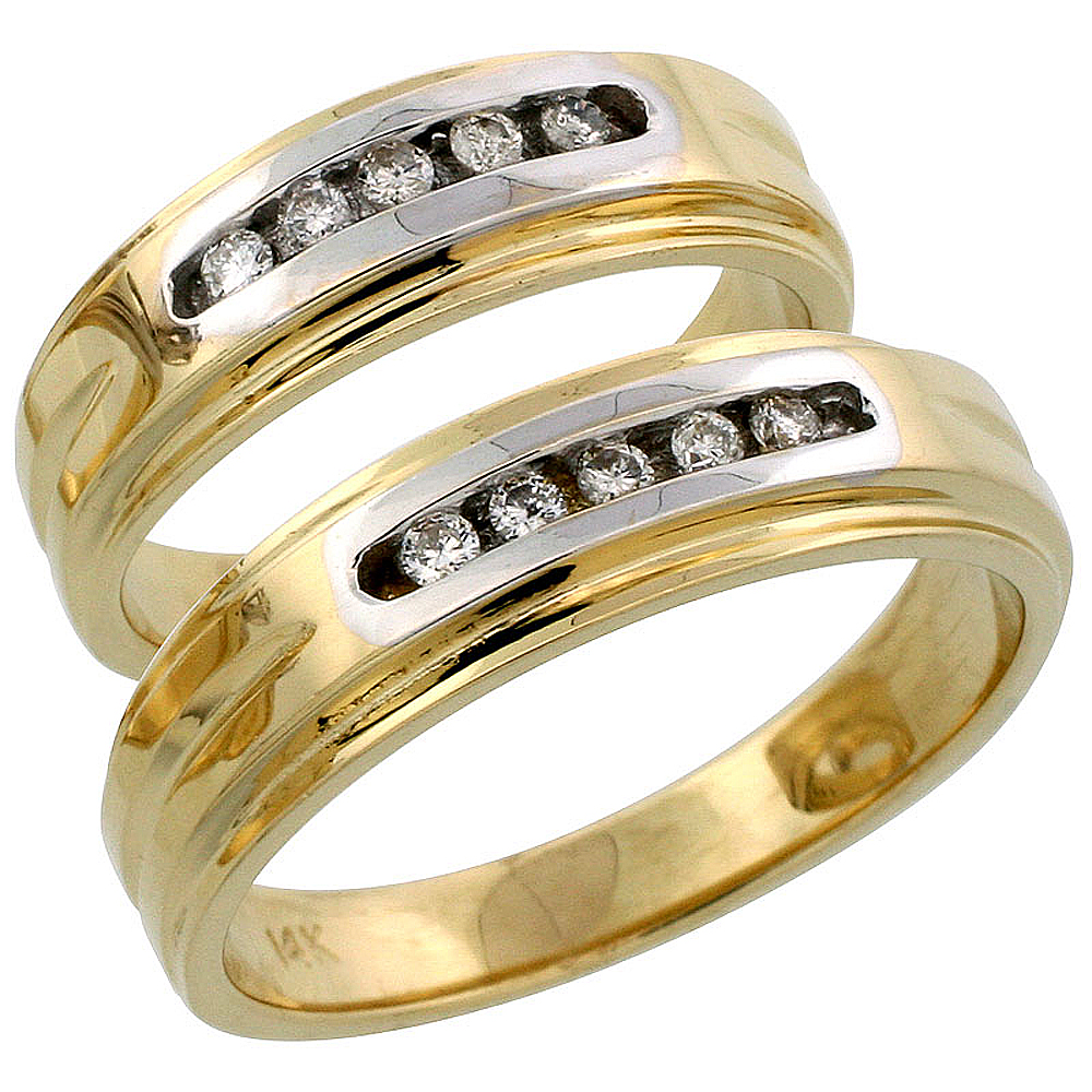 14k Gold 2-Piece His (6mm) &amp; Hers (6mm) Diamond Wedding Band Set w/ Rhodium Accent, w/ 0.20 Carat Brilliant Cut Diamonds; (Ladies Size 5 to10; Men&#039;s Size 8 to 14)