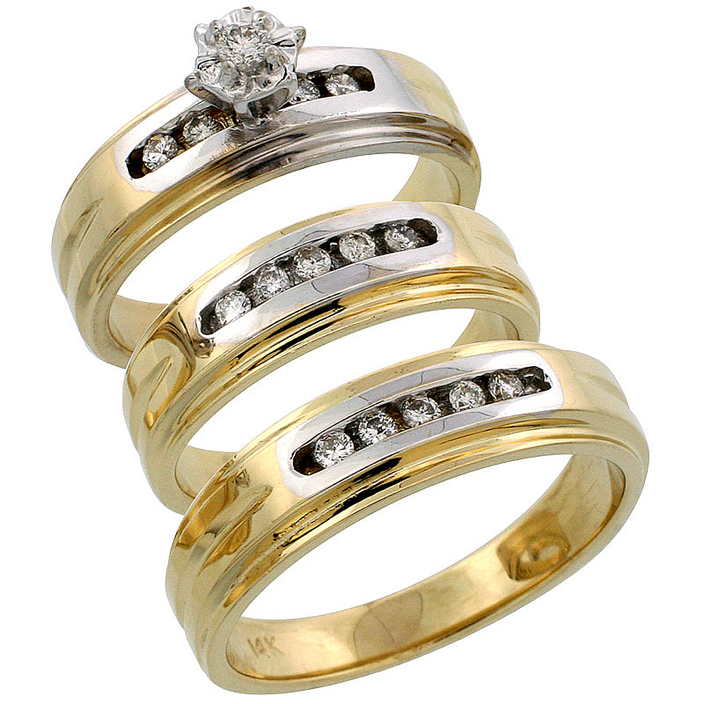 14k Gold 3-Piece Trio His (6mm) & Hers (6mm) Diamond Wedding Band Set w/ Rhodium Accent, w/ 0.33 Carat Brilliant Cut Diamonds; (Ladies Size 5 to10; Men's Size 8 to 14)