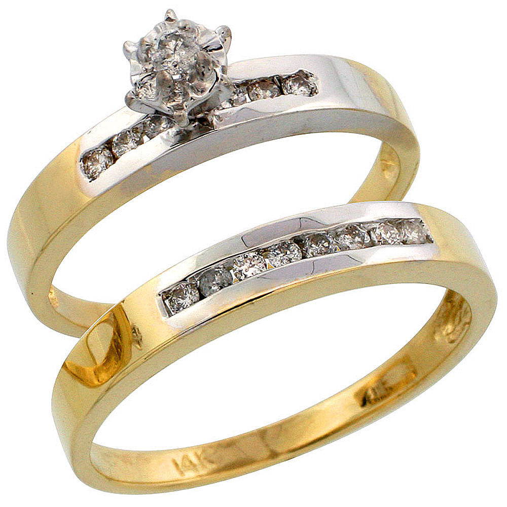 14k Gold 2-Piece Diamond Ring Set w/ Rhodium Accent ( Engagement Ring & Man's Wedding Band ), w/ 0.31 Carat Brilliant Cut Diamonds, ( 3mm; 3mm ) wide