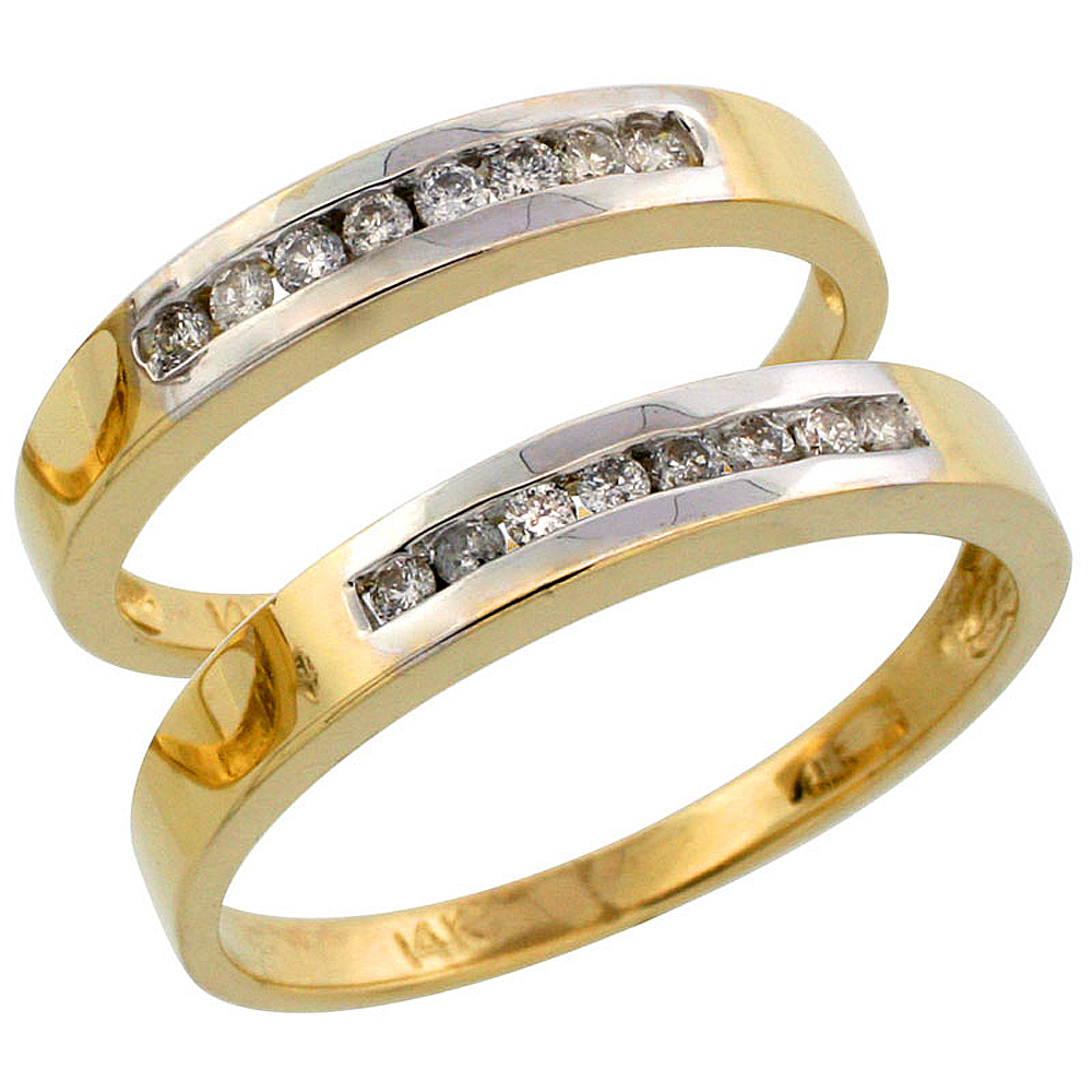 14k Gold 2-Piece His (3mm) &amp; Hers (3mm) Diamond Wedding Band Set w/ Rhodium Accent, w/ 0.28 Carat Brilliant Cut Diamonds; (Ladies Size 5 to10; Men&#039;s Size 8 to 14)