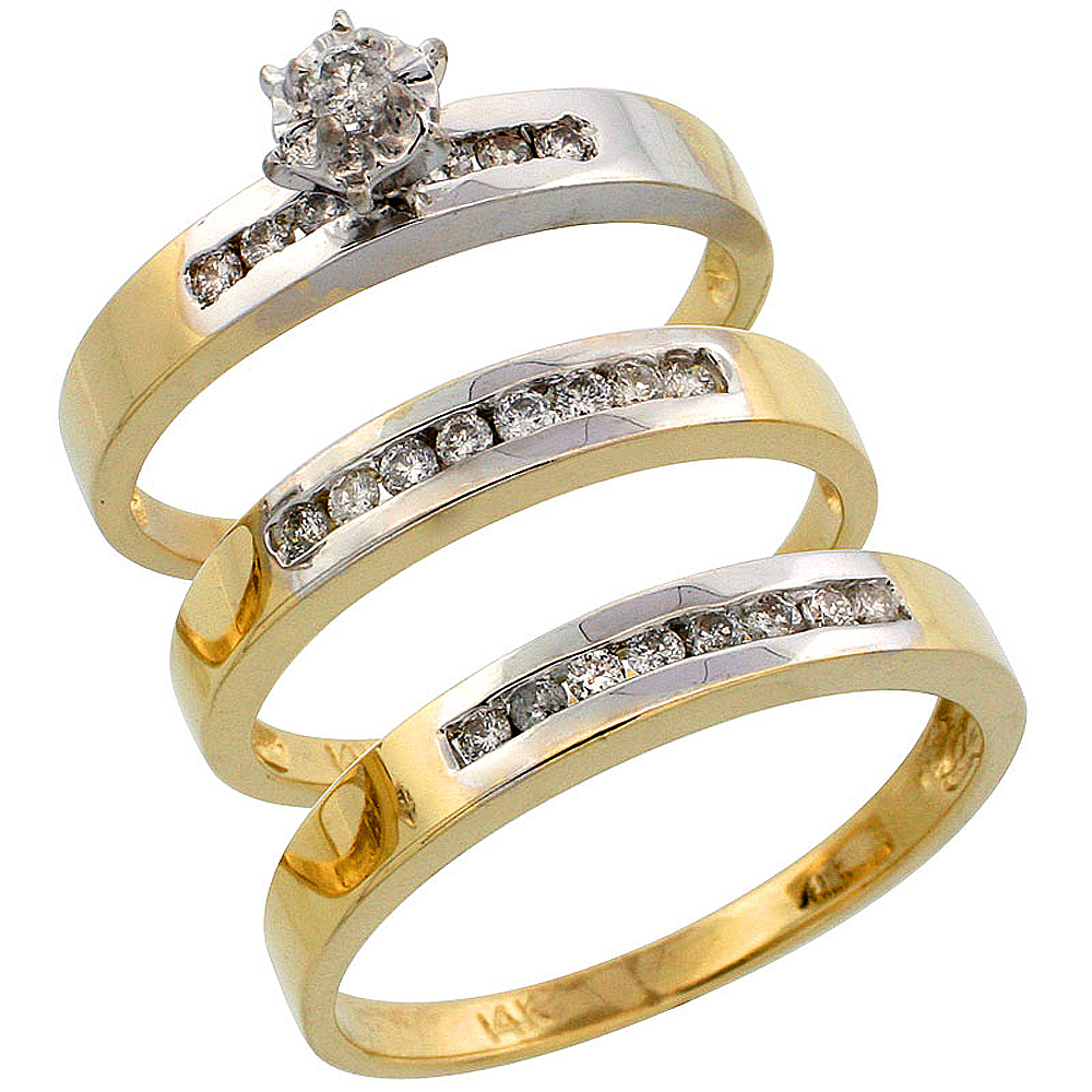 14k Gold 3-Piece Trio His (3mm) & Hers (3mm) Diamond Wedding Band Set w/ Rhodium Accent, w/ 0.45 Carat Brilliant Cut Diamonds; (Ladies Size 5 to10; Men's Size 8 to 14)