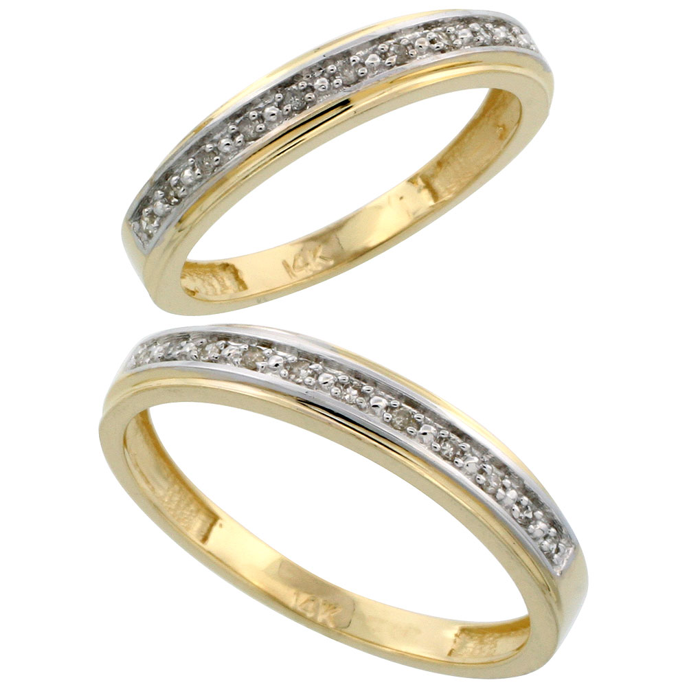 14k Gold 2-Piece His (4mm) &amp; Hers (4mm) Diamond Wedding Band Set, w/ 0.16 Carat Brilliant Cut Diamonds; (Ladies Size 5 to10; Men&#039;s Size 8 to 14)