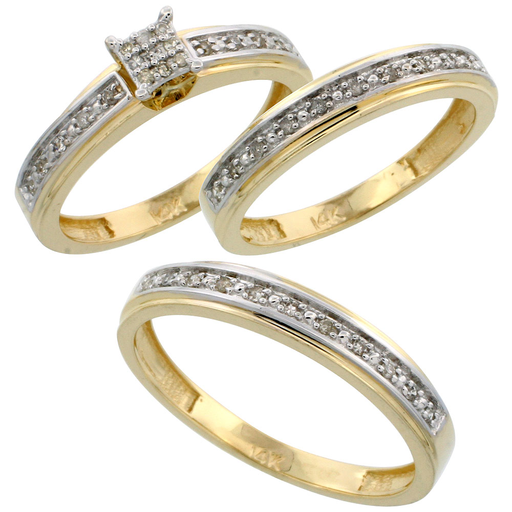 14k Gold 3-Piece Trio His (4mm) &amp; Hers (4mm) Diamond Wedding Band Set, w/ 0.29 Carat Brilliant Cut Diamonds; (Ladies Size 5 to10; Men&#039;s Size 8 to 14)