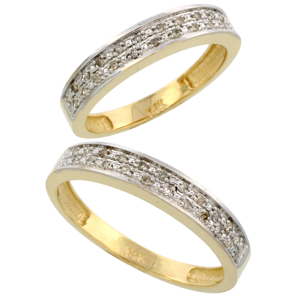 10k Gold 2-Piece His (4mm) &amp; Hers (4mm) Diamond Wedding Band Set, w/ 0.20 Carat Brilliant Cut Diamonds; (Ladies Size 5 to10; Men&#039;s Size 8 to 10)