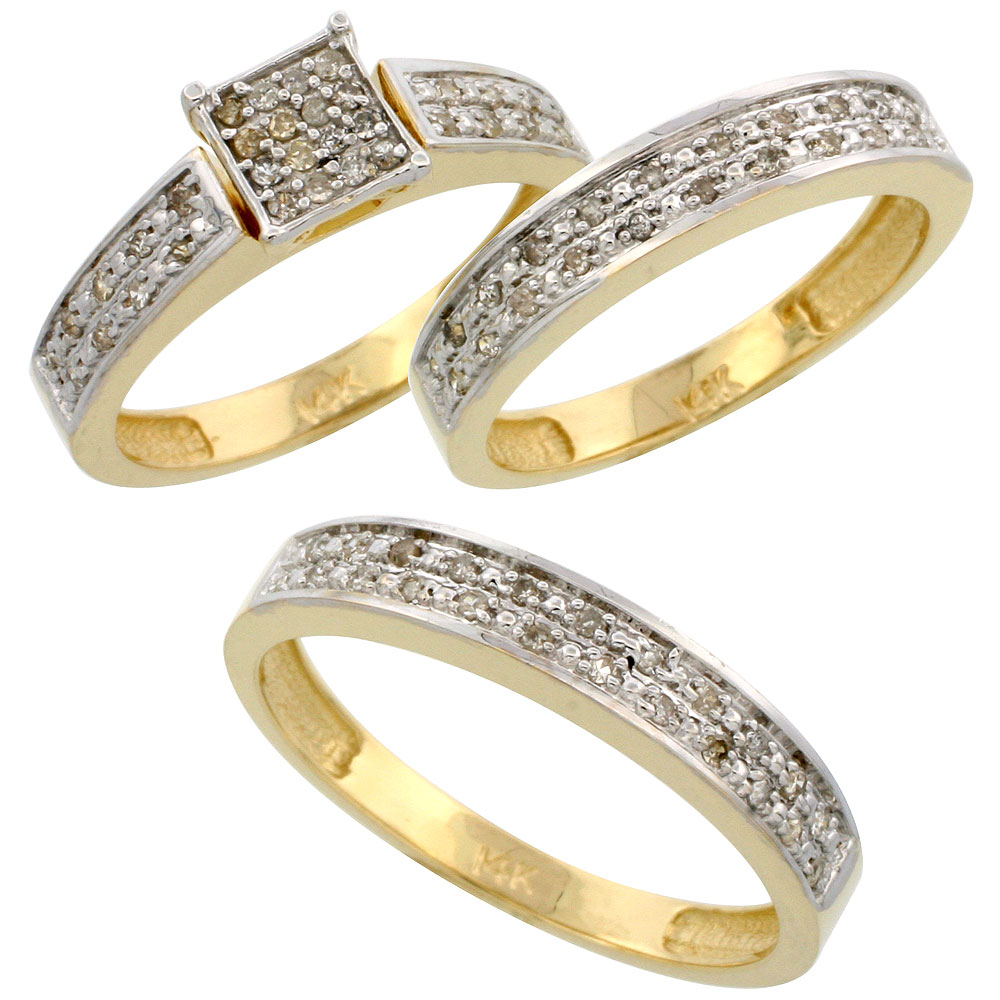 14k Gold 3-Piece Trio His (4mm) & Hers (4mm) Diamond Wedding Band Set, w/ 0.34 Carat Brilliant Cut Diamonds; (Ladies Size 5 to10; Men's Size 8 to 14)