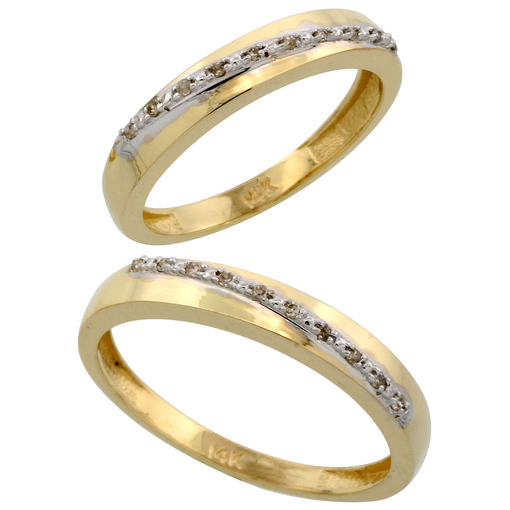 14k Gold 2-Piece His (3.5mm) & Hers (3.5mm) Diamond Wedding Band Set, w/ 0.16 Carat Brilliant Cut Diamonds; (Ladies Size 5 to10; Men's Size 8 to 14)