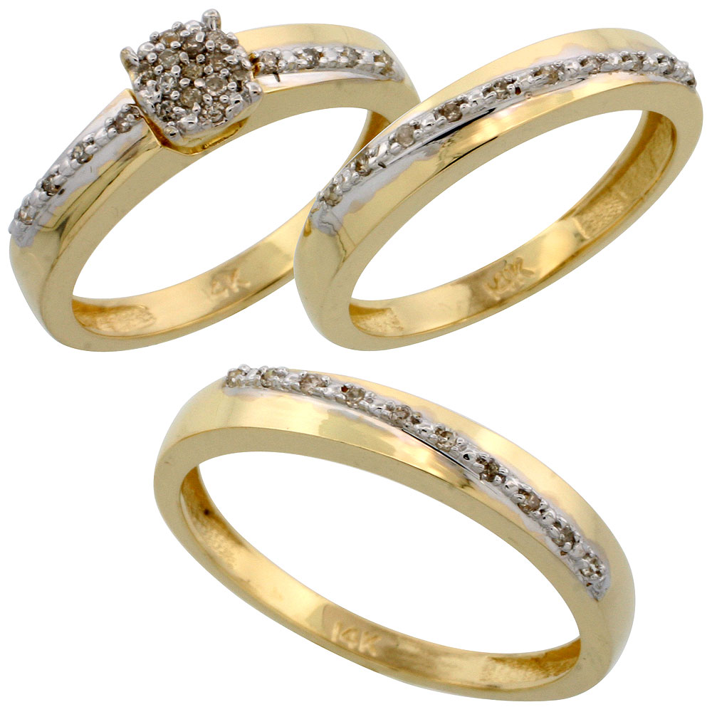 14k Gold 3-Piece Trio His (3.5mm) &amp; Hers (3.5mm) Diamond Wedding Band Set, w/ 0.30 Carat Brilliant Cut Diamonds; (Ladies Size 5 to10; Men&#039;s Size 8 to 14)