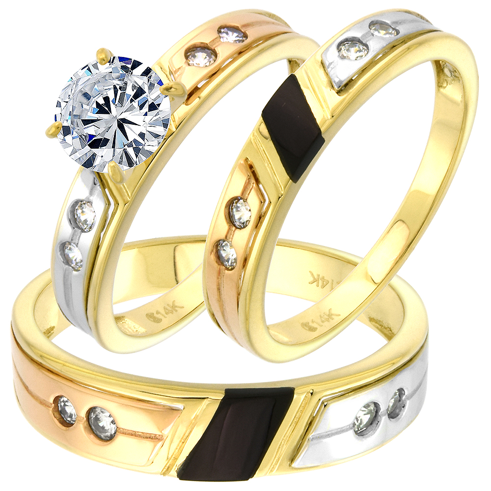 14k Tricolor Gold Cubic Zirconia Wedding Band for Men Black Stripe 5mm wide, size 8-14