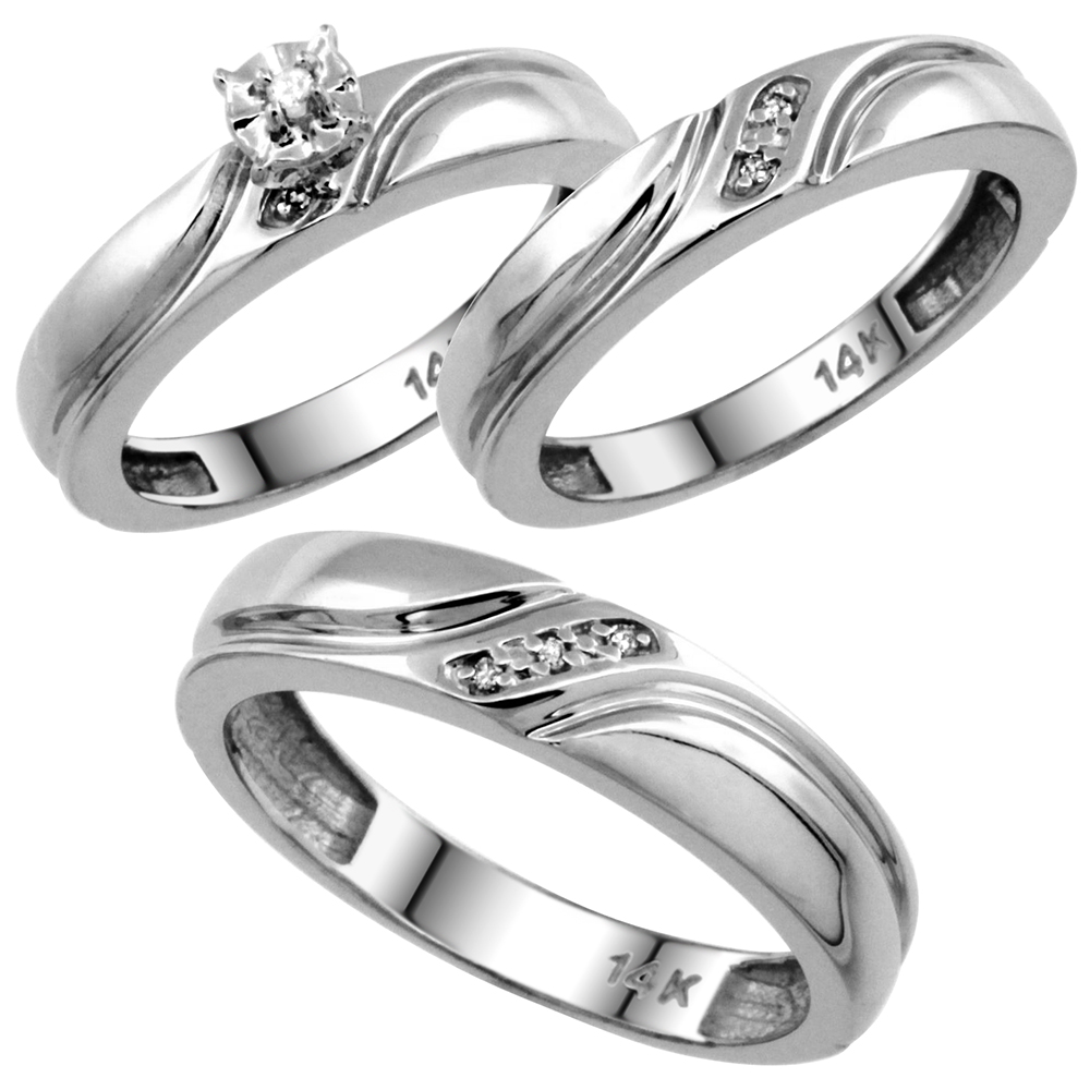 14k White Gold 2-Pc Diamond Ring Set (4mm Engagement Ring & 5mm Man's Wedding Band), w/ 0.049 Carat Brilliant Cut Diamonds