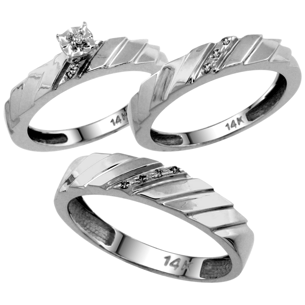 14k White Gold 3-Pc. Trio His (5mm) & Hers (4mm) Diamond Wedding Ring Band Set, w/ 0.075 Carat Brilliant Cut Diamonds (Ladies' Sizes 5-10; Men's Sizes 8 to 14)